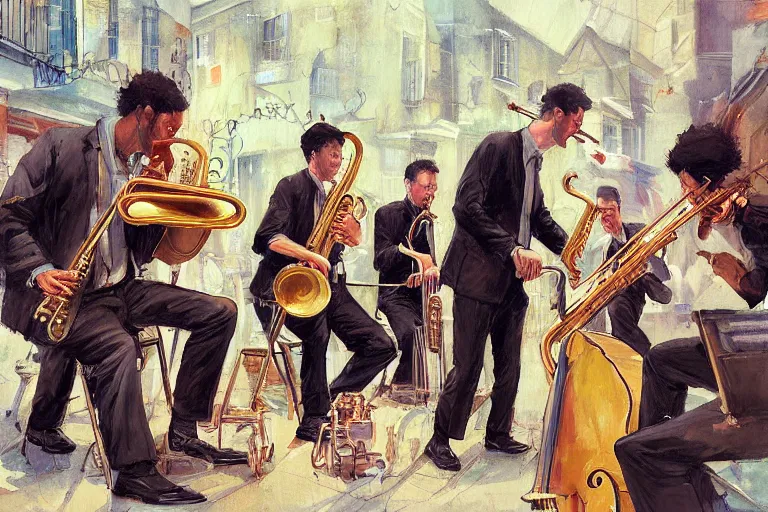 Image similar to a painting of a group of men playing instruments, a jazz band in new orleans, by rossdraws, wlop, greg rutkowski, ghibli