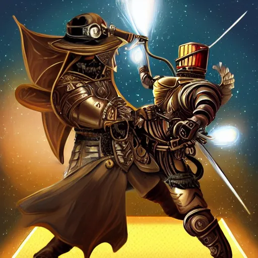 Image similar to steampunk warrior dueling a knight, space, fiery, galaxy, war