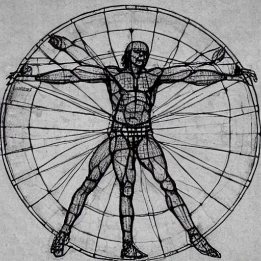 Image similar to Michael Jordan as the Vitruvian Man by leonardo da vinci, detailed, 8k, intricate blueprint