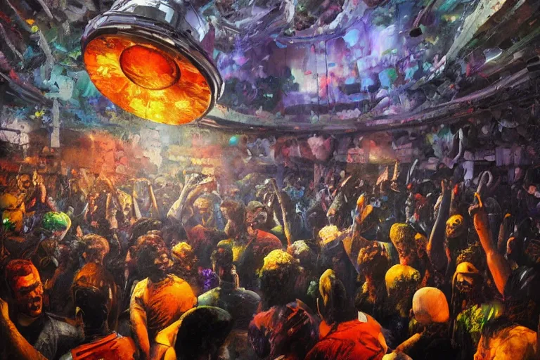 Image similar to palette knife oil painting of psychedelically lit exposed concrete walls, a crowd of clubbers, surrounding a cement fighting pit shaped like a satellite dish., extreme detail, artstation trending, artgerm, any racial background, deviant art, octane, substance, art history 8 k