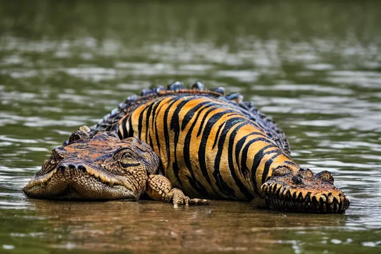 Image similar to an alligator tiger!!! hybrid! hyper realistic!! realistic lighting!! wildlife photographer of the year!!! bold natural colors, national geographic, hd, wide angle, 8 k