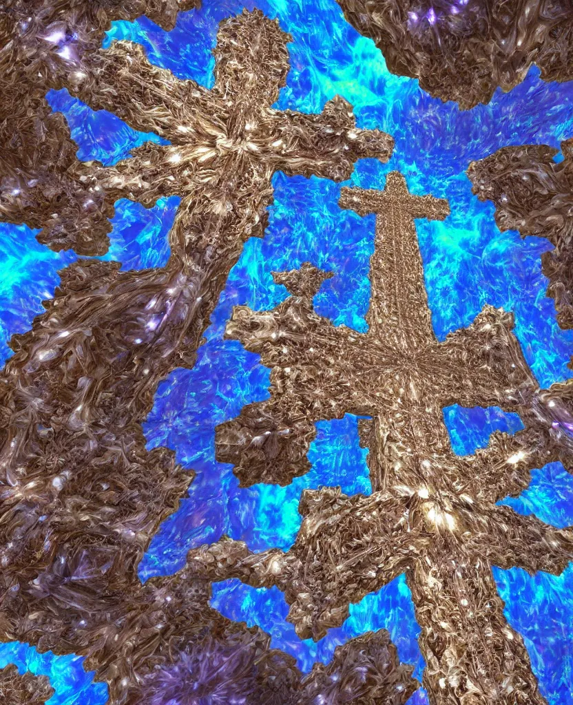 Image similar to a crystalline 3 d mandelbulb fractal in the shape of jesus christ on the cross, bioluminescent opal, fractal, magnificent lighting, ethereal, ray tracing, octane, holographic