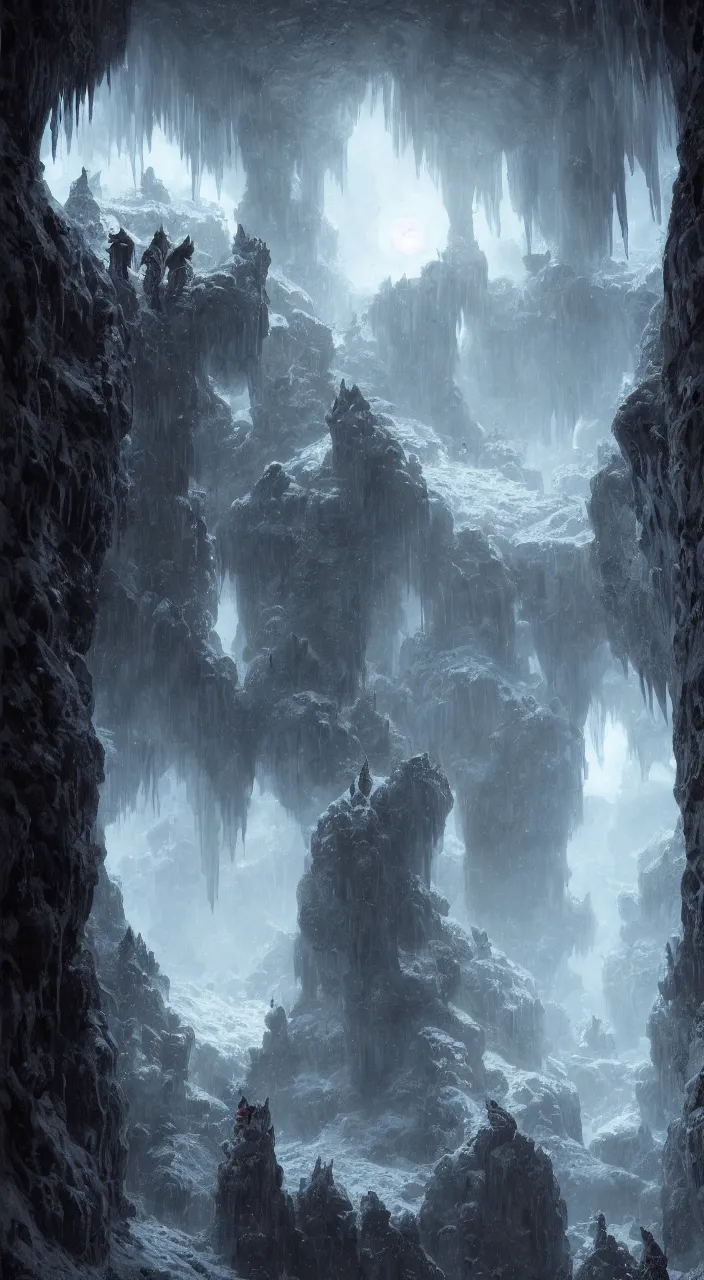 Prompt: five medieval explorers inside an enormous ice cavern, ancient frozen alien architecture, a gigantic dragon distance, dark atmosphere, mist, complementary colors, high details, 8 k matte painting, cinematic lighting, artstation, rule of thirds, by marc simonetti, by gustave dore, by chris cold, by vladimir manyukhin, in the style of dungeons and dragons, octane render