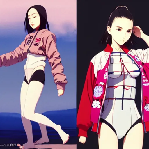 Image similar to a beautiful japanese natalie portman gravure model, wearing oversized native designer bomber jacket and leotard, bulky poofy bomber jacket with mesoamerican patterns, mesoamerican native street fashion, gapmoe yandere grimdark, trending on pixiv fanbox, painted by greg rutkowski makoto shinkai takashi takeuchi studio ghibli, akihiko yoshida