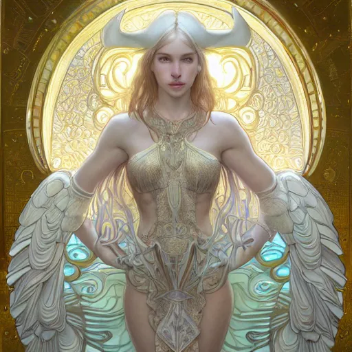 Image similar to white ox with angelic wings, drawn by Donato Giancola and Artgerm, Light by Julie Bell, design by alphonse mucha, background by James Jean and gustav klimt and John Marshall Gamble, 4k, volumetric lighting, french nouveau, trending on artstation, octane render, hyperrealistic