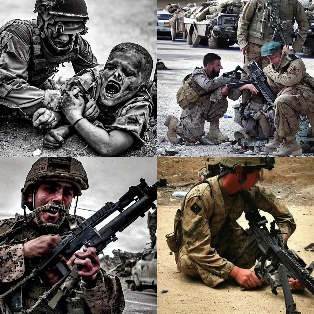 Prompt: I was a marine machine gunner in Lashkar gah Afghanistan. My group of trucks were ambushed and a car bomber blew himself up wounding many including myself. Another car bomb followed injuring many kids and more marines. The smell was horrific the screams and groans we're nothing I've heard. The mother's wept and screamed. It may have been hell, Gritty, action, cinematic, extreme emotion, war