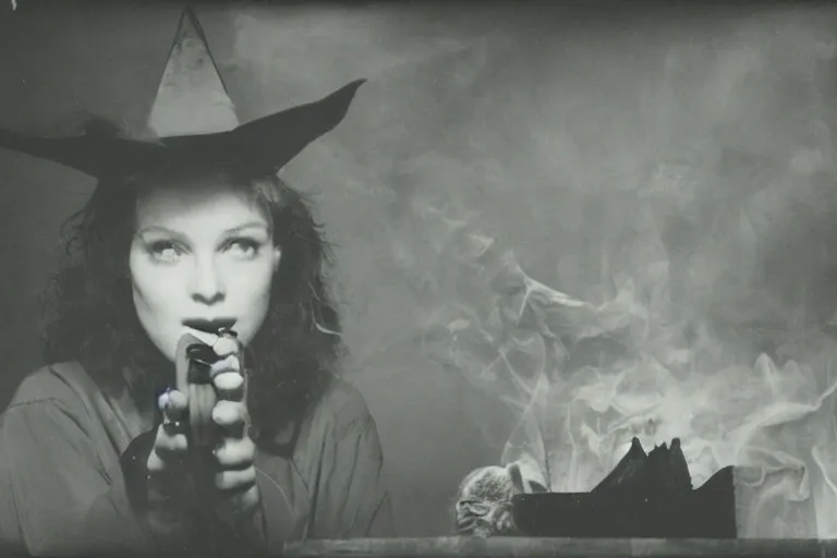 Image similar to polaroid 1 9 8 0's photo, close up portrait, dramatic lighting, concentration, calm confident teen witch and her cat mixing a spell in a cauldron, a little smoke fills the air, a witch hat and cape, a little green smoke is coming out of the cauldron, ingredients on the table, apothecary shelves in the background, still from harry potter