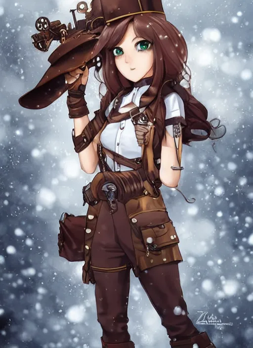 Image similar to girl with steampunk weapons and uniform, serious, intense, finely detailed, made by artgerm, full body portrait, illustration, snow, snowing, cloudy, anime, side view, perfect anime face, realistic face, zoomed out, smooth, brown eyes, high waisted shorts, sharp focus