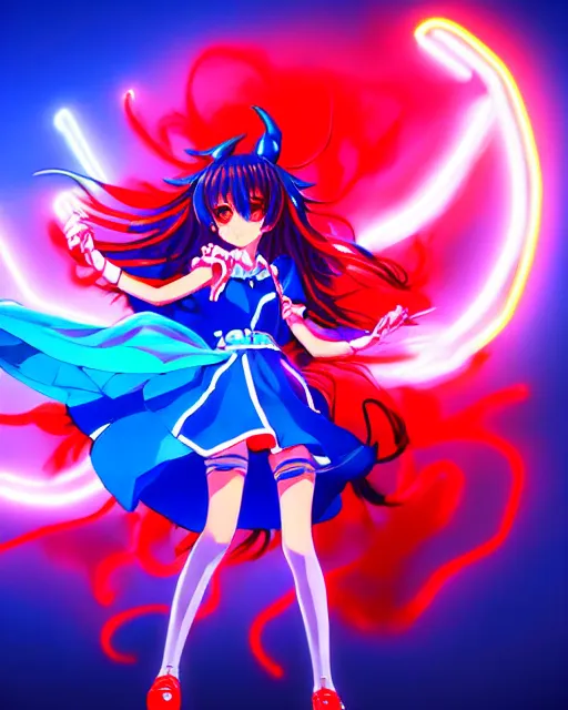 Image similar to anime style, vivid, expressive, full body, 4 k, painting, a cute magical girl idol with a long wavy hair wearing a dress fighting monsters, blue and red, balance, correct proportions, stunning, realistic light and shadow effects, neon lights, studio ghibly makoto shinkai yuji yamaguchi