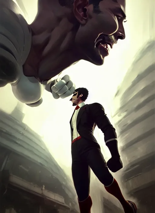 Image similar to gigachad luigi fighting like one punch man in a suit, fantasy character portrait, ultra realistic, full body concept art, intricate details, highly detailed by greg rutkowski, ilya kuvshinov, gaston bussiere, craig mullins, simon bisley