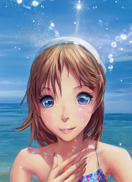 Image similar to girl at a beach holding up a peace sign, happy, beautiful, finely detailed, made by artgerm, full body portrait, illustration, sparkling water, shinny sand, sunny, anime, front view, perfect anime face, realistic face, zoomed out, smooth, blue eyes, high waisted shorts, sharp focus