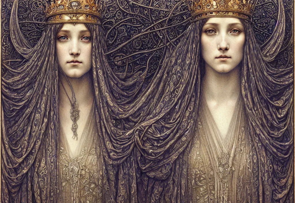 Image similar to detailed realistic beautiful young medieval queen face portrait by jean delville, gustave dore and marco mazzoni, art nouveau, symbolist, visionary, gothic, pre - raphaelite. horizontal symmetry