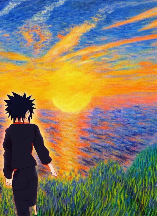 Prompt: a naruto scene of naruto watching the sunset, very anime, trending artwork, 4 k, anime painter studio, an impressionist style by claude monet