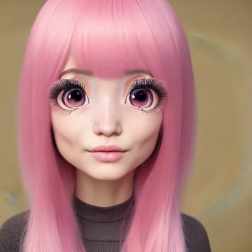 Image similar to A portrait of Nikki from Shining Nikki and Love Nikki, a cute 3d cgi toon young woman with long light pink hair, full bangs, hazel eyes, full face, light makeup, pale skin, Chinese heritage, medium shot, mid-shot, hyperdetailed, 8k, trending on artstation, as a Pixar character