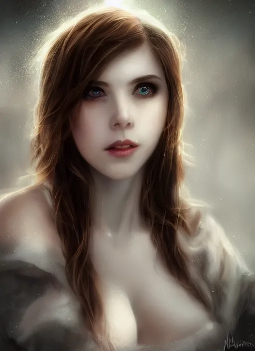 Image similar to of dark fantasy, young beautiful Amouranth, close up face portrait, medium shot, intricate, elegant, ethereal dreamy light, highly detailed, concept art, smooth, sharp focus, illustration, art by Nicola Samuri