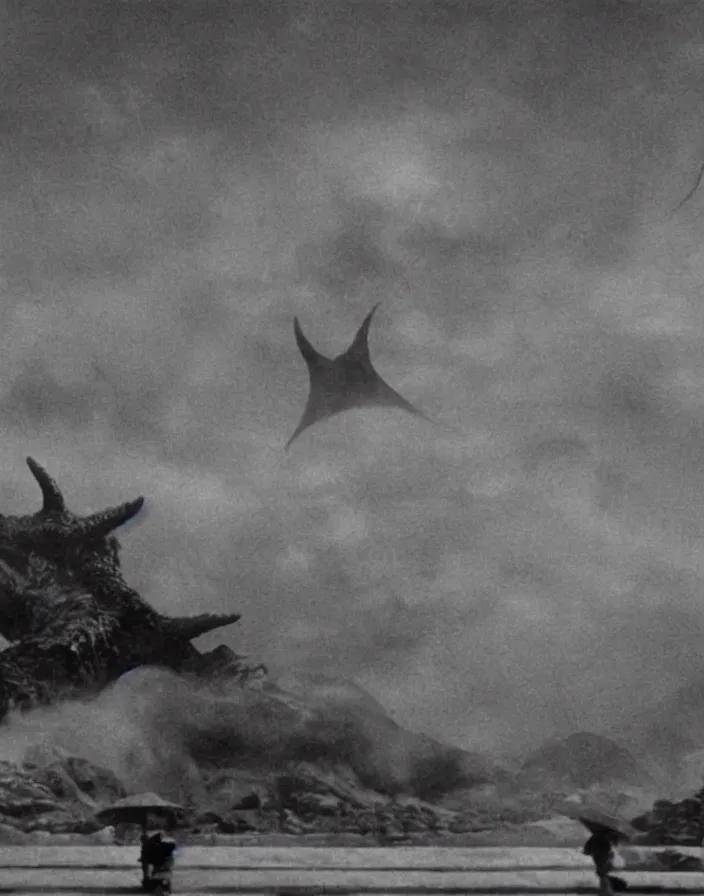 Image similar to a filmstill of a north korean monster movie, kaiju - eiga monster with starfish - arms trampling a traditional korean palace, foggy, film noir, epic battle, etheral, explosions, communist propaganda, communist epic thriller produced by kim jong - il, cinematography by akira kurosawa and tim burton, video compression