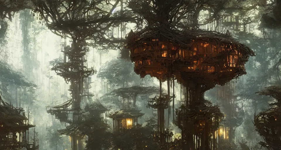 Image similar to city of tree - houses at caras galadhon, intricate, elegant, highly detailed, john park, frazetta, john howe, ruan jia, jeffrey catherine jones