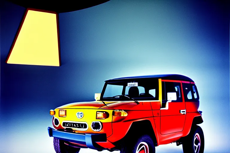 Prompt: designed by giorgetto giugiaro stylized poster of a single toyota fj cruiser concept, thick neon lights, ektachrome photograph, volumetric lighting, f 8 aperture, cinematic eastman 5 3 8 4 film