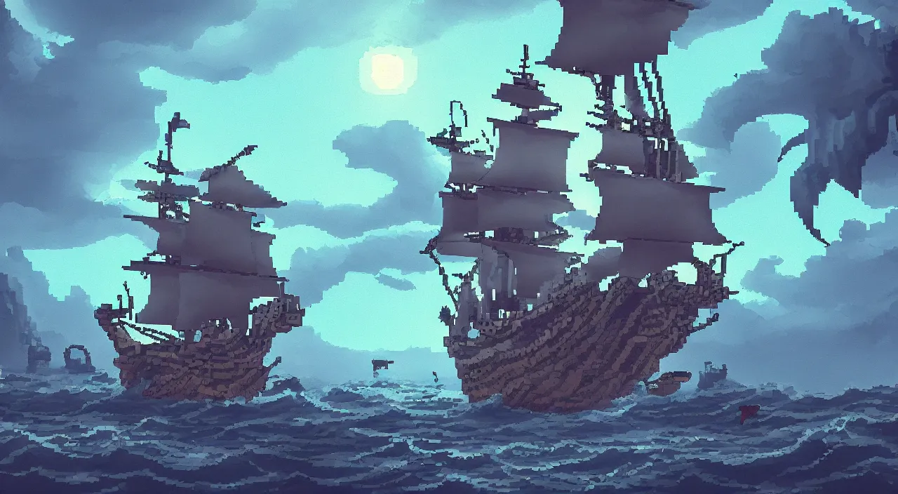 Prompt: Pixelart of a ghost pirate ship with a Jolly Roger flag, volumetric lighting, digital pixel art, pixiv, by Aenami