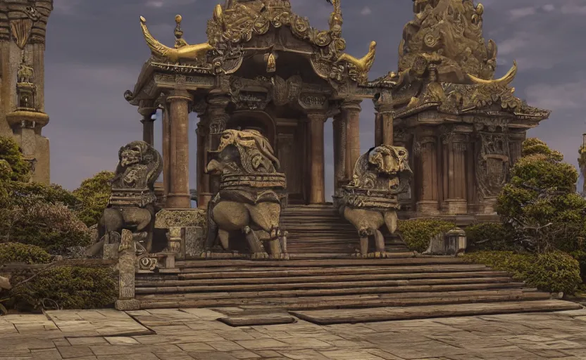 Prompt: memorable animation key shot of a temple, stone steps, giant symmetrical brass lions, entrance, paper texture, detailed, ornate, rust, art deco, metal rivets, by ghibli, unreal engine 5, shinji kimura, scene, composition