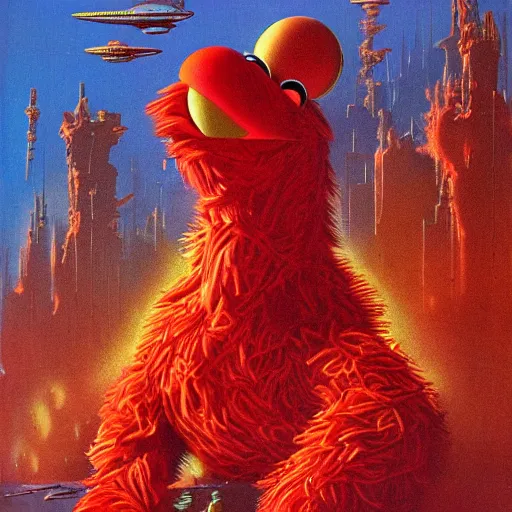 Image similar to elmo in the style of a 7 0 s science fiction novel cover, highly detailed, bruce pennington, peter jones