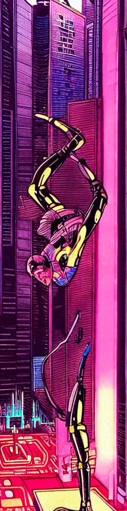 Prompt: a cyborg doing a one handed handstand in a sureal interior cityscape neon lights moebius