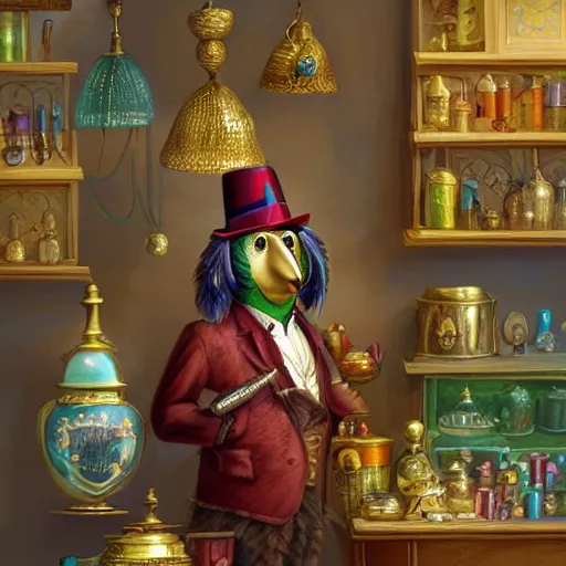 Image similar to Anthropomorphized parrot trader in his shop, selling his wares, portrait, items, gold, magic potions, carpet, window, fancy hat, sly expression , cunning expression, cute expression, long thick shiny gold beak, presenting wares, holding a gold bag, D&D, fantasy, cinematic lighting, highly detailed, digital painting, artstation, concept art, smooth, sharp focus, illustration, warm light, cozy warm tint, magic the gathering artwork, volumetric lighting, 8k, art by Akihiko Yoshida, Greg Rutkowski