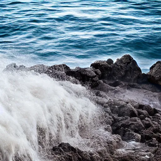 Image similar to waves crashing in on a stony beach, realistic, hdr, clear image, hdd, dynamic lighting,