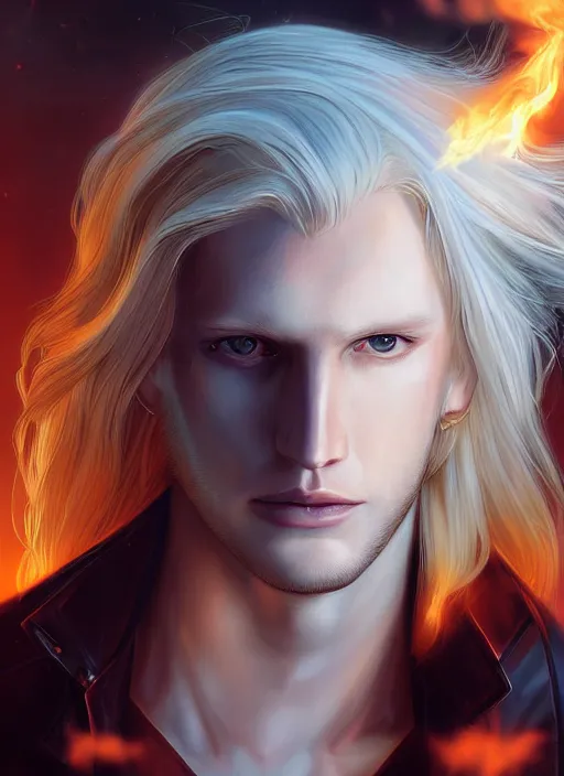Prompt: a handsome blond genetically engineered male cyborg, johan liebert alucard, super evil scintillating fiery radiance, long curly blond hair, very very pale blond hair, fighting with angles glitching out from his psychic resonant presence, very very extreme heavy chromatic aberration, by Julian calle, wlop, Denis Villeneuve, greg rutkowski and thomas kinkade, Finnian MacManus, Syd Mead, Trending on artstation, white and yellow scheme, 8k, wide-angle lens, Unreal Engine