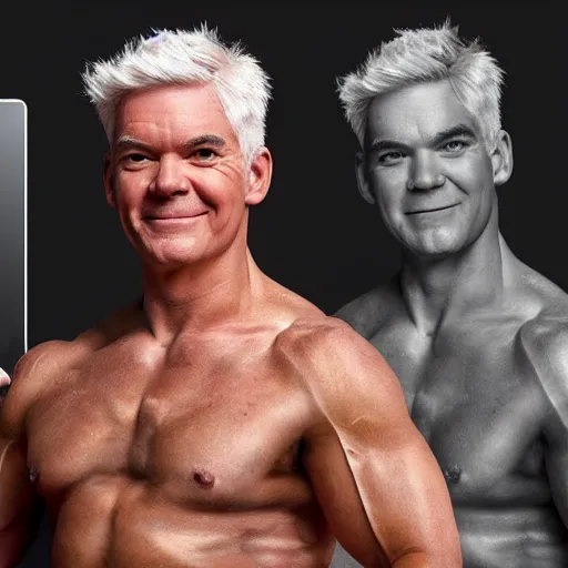 Image similar to Phillip schofield with the physique of a body builder, photorealistic, highly detailed, 4k, eye contact, digital painting,