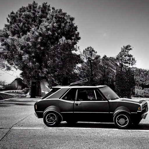 Prompt: An AMC gremlin parked outside of a castle. Dark Fantasy. Film Noir. Black and White. High Contrast.