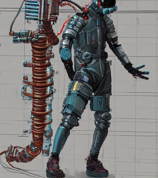 Image similar to realistic cyberpunk japanese engineer with long limbs and a black spacesuit welding a wall, techwear, dead space, visible face, Industrial Scifi, detailed illustration, character portrait, by Martin Grip and Moebius