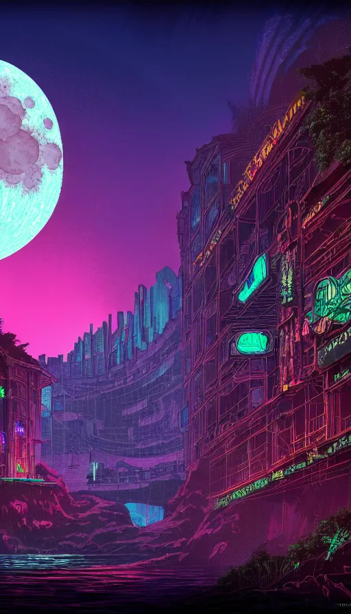 Image similar to reclaimed by nature by moon hoon, darkacademia atlantis cosmic san andreas at dawn neon signs tokyo synthwave universe, archdaily, wallpaper, highly detailed, trending on artstation.