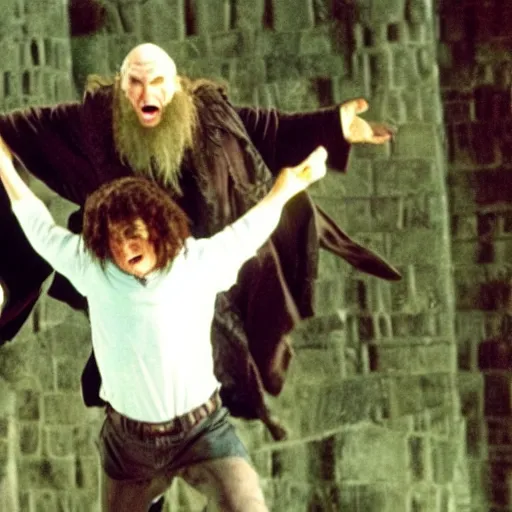 Image similar to hagrid midair jumping onto voldemort who looks terrified