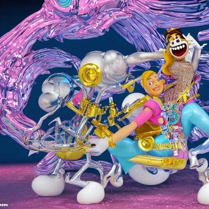 Prompt: jeff koons hip hop bauhaus style street sharks sailor moon wearing diamond grillz and a ton of bussdown iced gold bling in wallace & gromit strata - cut claymation, storm clouds, ultra realistic, concept art, intricate details, serious, highly detailed, photorealistic, octane render, 8 k, unreal engine, art by todd mcfarlane