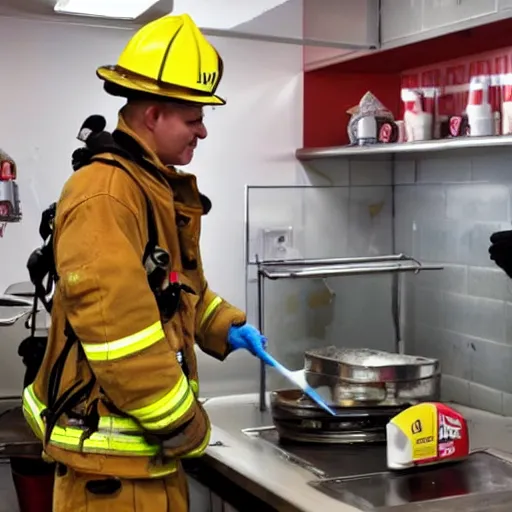 Image similar to firefighter serving icecream in a room that is on fire 🔥