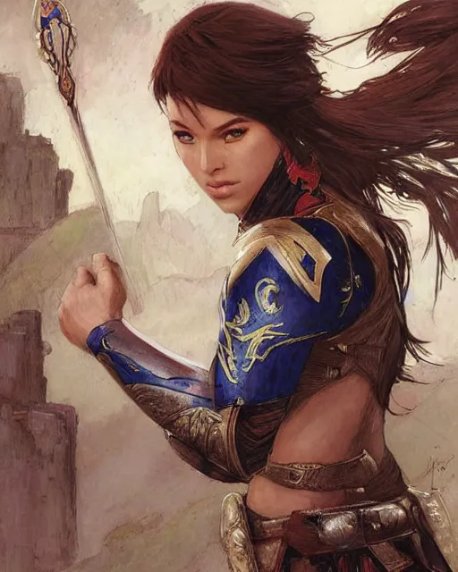 Image similar to a beautiful and strong female warrior by Ross Tran and Jules Bastien-Lepage and Laura Sava