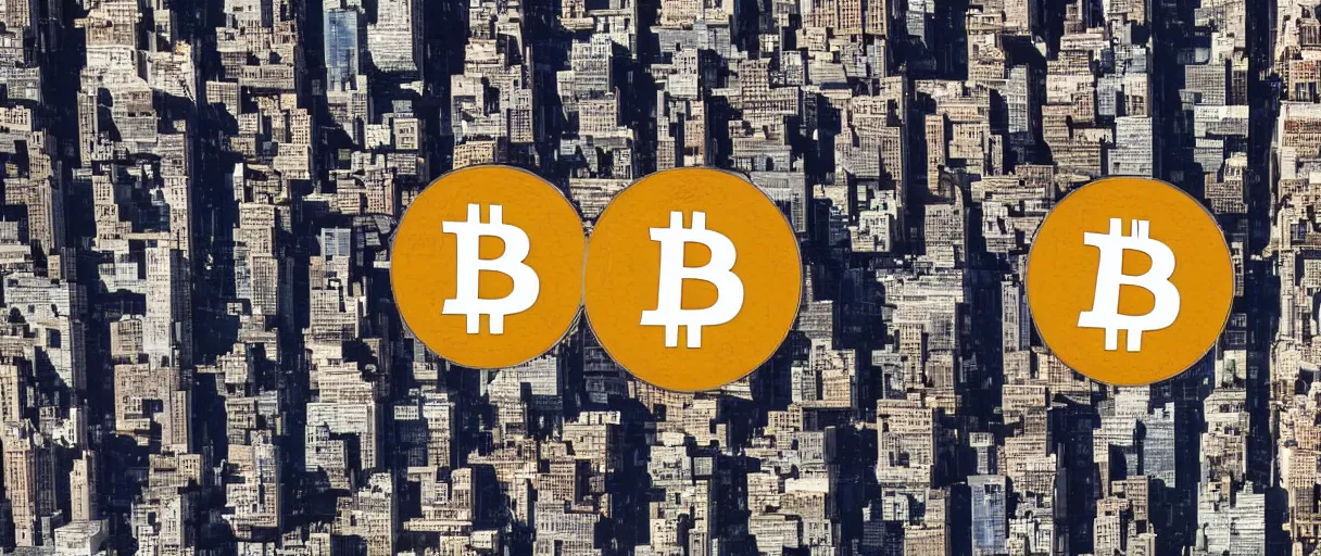 Prompt: a huge Bitcoin falls out of the sky, crushing new york city, birds eye view