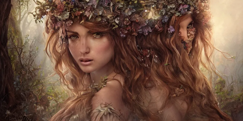 Image similar to ana de armas as a wood fairy, fantasy, intricate, elegant, highly detailed, digital painting, trending on artstation, digital illustration, in the style of Stanley Artgerm