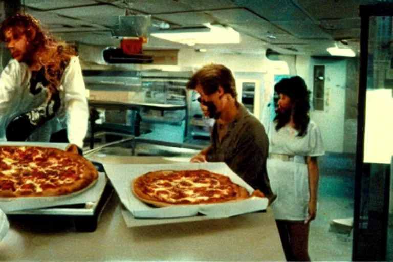 Image similar to stuffed crust pizza in cyberspace, in 1 9 8 5, y 2 k cybercore, industrial low - light photography, still from a ridley scott movie