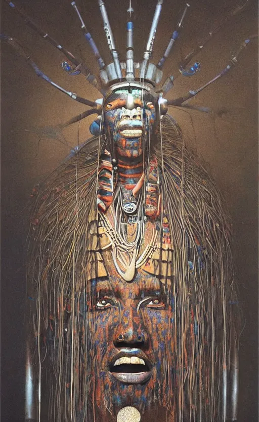 Image similar to portrait of african tribal chief wearing futuristic technology, insibidi symbols, symmetrical, dramatic lighting, art by zdzislaw beksinski,