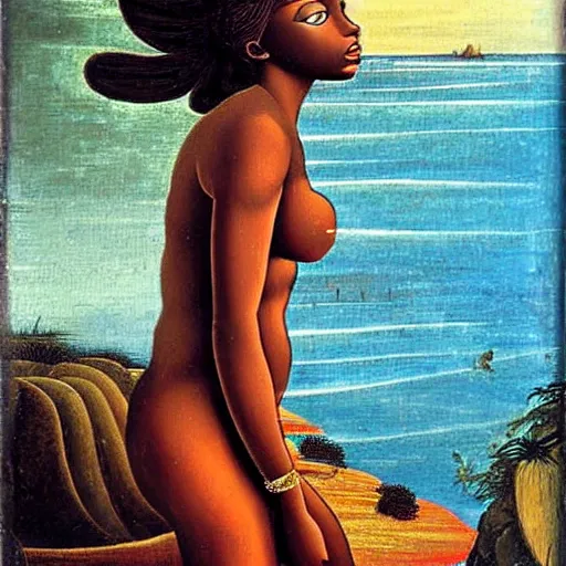 Prompt: full body painting Botticelli Black African goddess rising from the sea, in the style of Botticelli Venus