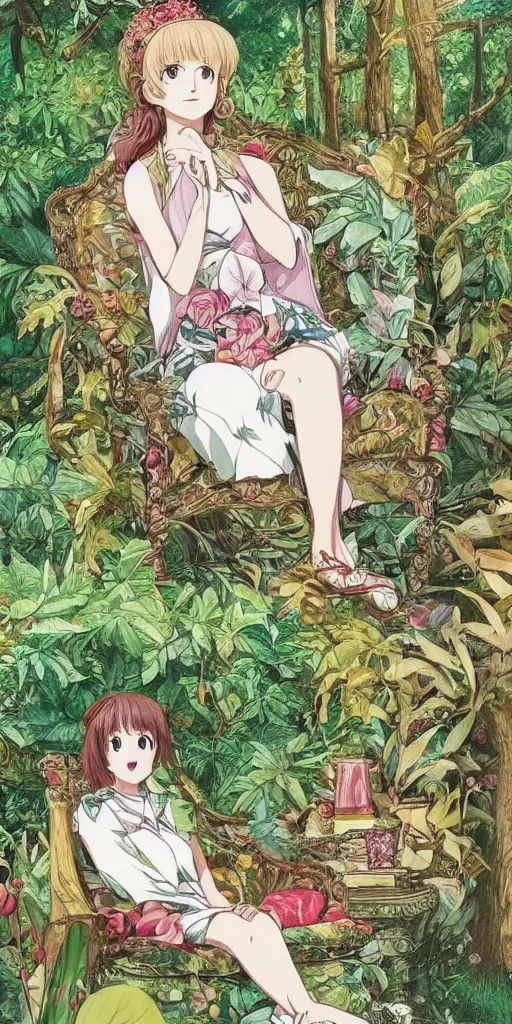 Image similar to the queen of good vibes sitting by herself on a sofa in a forest, drawn by CloverWorks, intricate detail, elegant, beauty