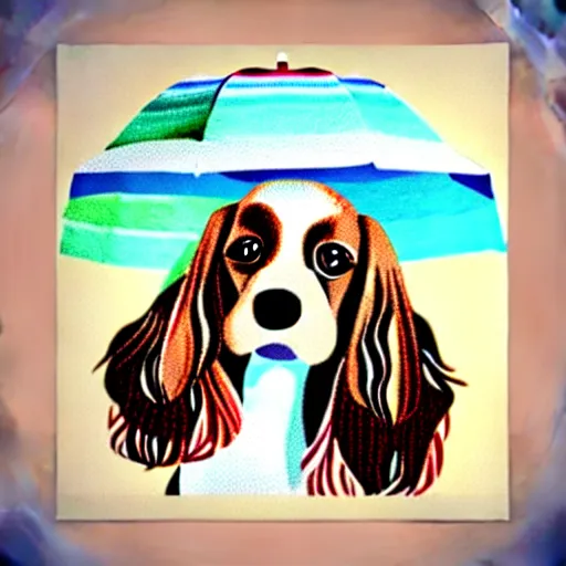 Image similar to cute brown spaniel by the seaside, parasols, bright towels, geometric, pop, sketch, artwork