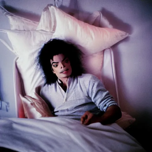 Image similar to Michael Jackson in bed. 8k. 4k. HD. UHD. Photo Portra 800.