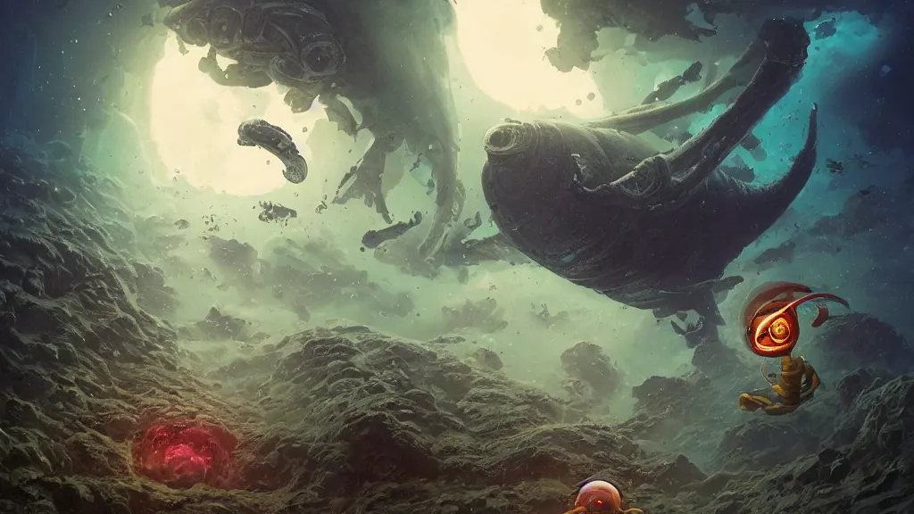 Image similar to An astronaut is under the sea, he has a big egg, he is swimming away from the giant leviathan that is behind hunting him, the leavithan has evil red eyes, this is an extravagant planet with wacky wildlife and some mythical animals, the background is full of ancient ruins, the ambient is dark with a terrifying atmosphere, by Jordan Grimmer digital art, trending on Artstation,