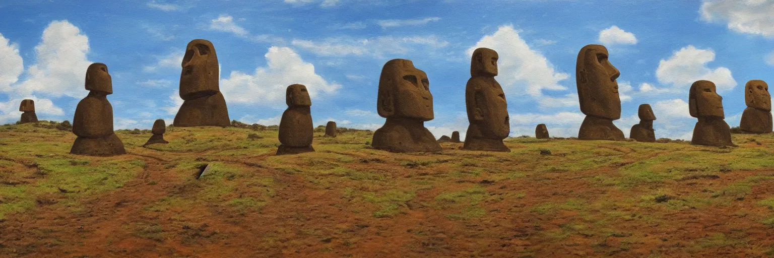 Image similar to an oil painting of hyper realistic landscape of the earth in 1 b years, with some moai statue half burried