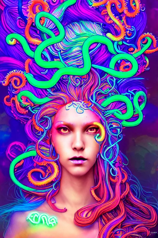 Image similar to A sea goddess with neon tentacles hair having an extremely colorful psychedelic experience, warping time and space, magic mushrooms, psilocybin, LSD, face, detailed, intricate, elegant, highly detailed, digital painting, artstation, concept art, smooth, sharp focus, illustration, art by Krenz Cushart and Artem Demura and alphonse mucha, Octane render, unreal engine, 8K