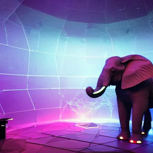 Image similar to a hyperrealistic 3D octane render of an elephant wearing virtual reality goggles playing a synthesizer inside of a geodesic dome planetarium with planets and galaxies, trending on artstation, 8k, 4K, dramatic lighting, glowing, volumetric lighting, ray tracing, unreal engine