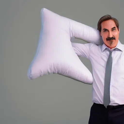 Prompt: mike lindell holding an anime body pillow. still from tv commercial white background